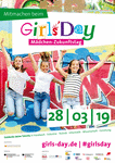 Plakat Girlsday 2019 mit drei springenden Mädchen.
