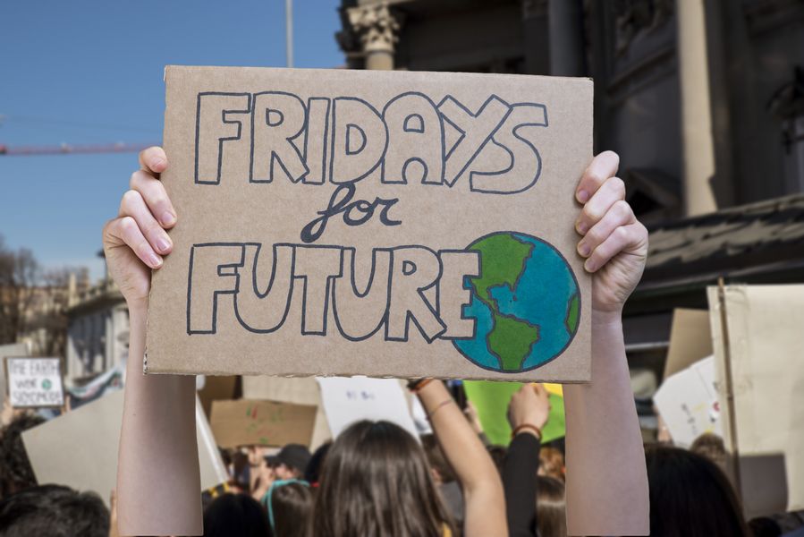 Foto: Zwei Hände heben eine Schild hoch. Aufschrift: Fridays for Future.