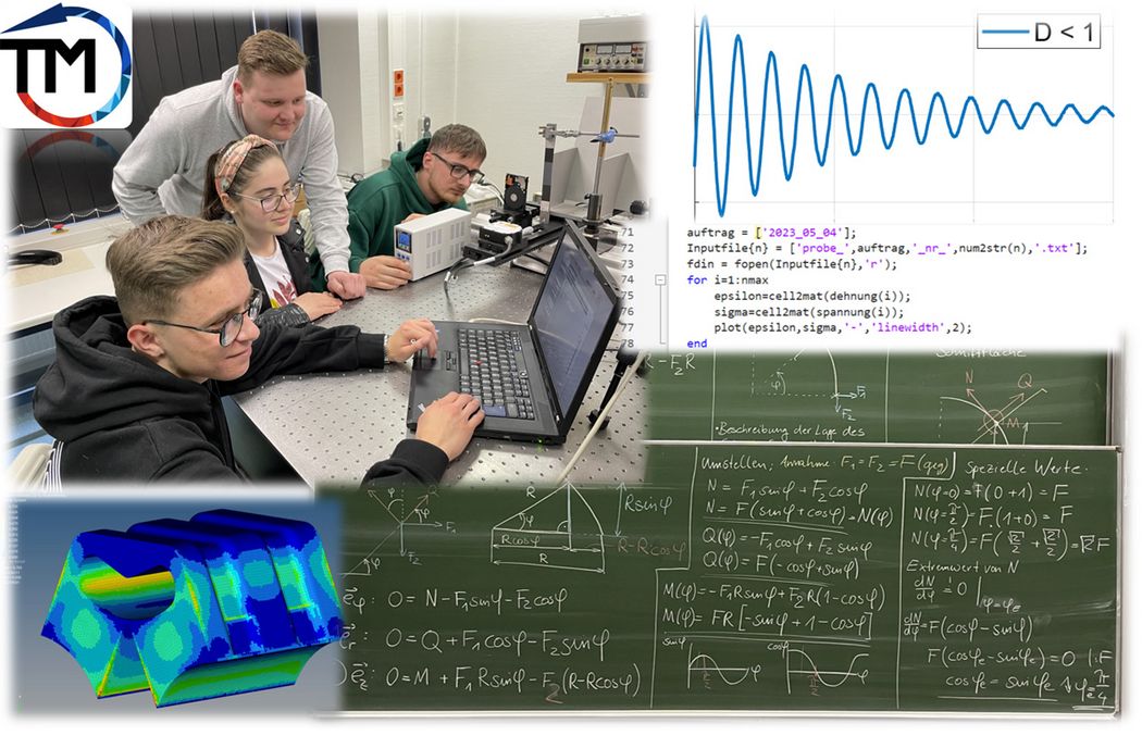 eine Collage aus Studierenden am Messrechner, einem Tafelbild mit vielen Formeln, einer Schwingungskurve aus einem Programm und einem farbiken Körper (FEM-Bild)) 