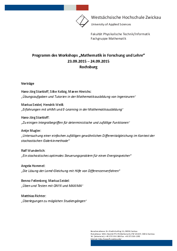 PDF: Programm des Workshops „Mathematik in Forschung und Lehre“ 2015.