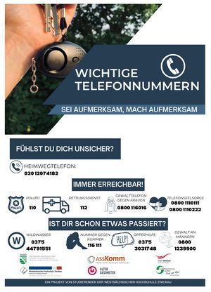 Abbildung: Flyer mit wichtigen Telefonnummern wie zum Beispiel Polizei oder Telefonseelsorge
