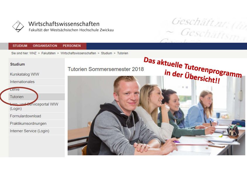 Screenshot der Homepage: Hinweis auf den Reiter Tutorien. Das aktuelle Tutorienprogramm in der Übersicht.
