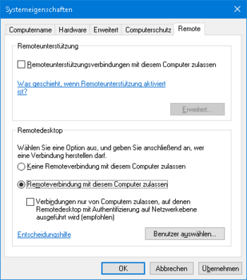 Screenshot: Anleitung. Windows Remotesystemeigenschaften bearbeiten.