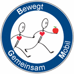 Logo des Hochschulgesundheitsmanagaments zeigt zwei Figuren und einen blauen Rahmen mit den Begriffen "Bewegt, Gemeinsam und Mobil".
