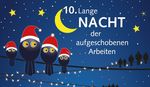 Grafik: Eulen mit Wiehnachtsmützen sitzen auf einem Strobkabel. Im Hintergrund der Mond. Davor Schriftzug Lange Nacht der aufgeschobenen Arbeiten.