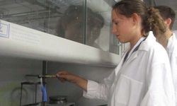 Foto: Eine Schülerin erhitzt ein befülltes Reagenzglas über einem Bunsenbrenner in einem Physiklabor.