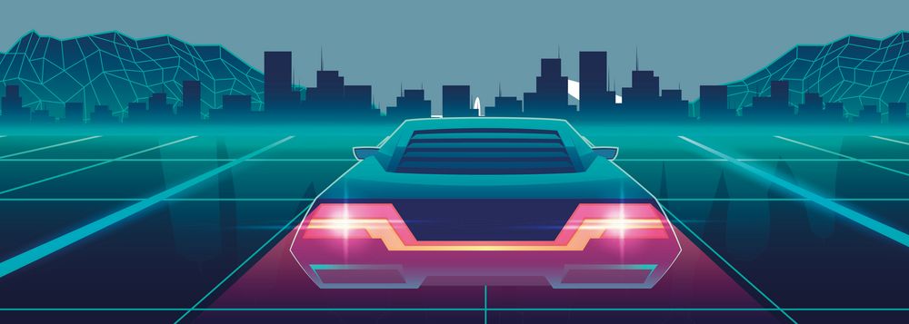 Grafik, futuristisches Fahrzeug von hinten fährt auf Stadt zu