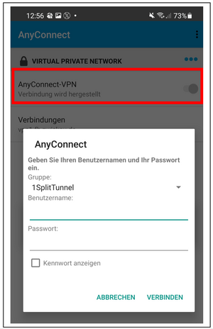 Screenshot: AnyConnect VPN Verbindung herstellen