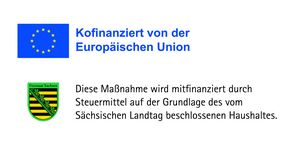 Logo: Europäische Union und Freistaat Sachsen, Hinweis auf Finanzierung 