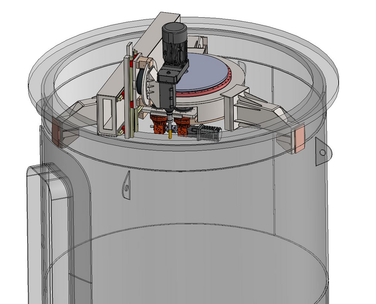 Abbildung CAD-Modell einer mobilen Bearbeitungsmaschine, befestigt in einem Rohrelement