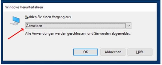 Screenshot: Anleitung. Fernverbindung zu Rechnerkabinett - Windows Abmeldung