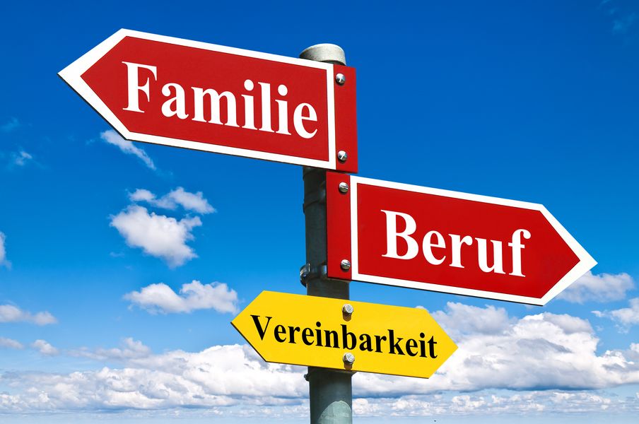 Foto: drei Wegweiser: Familie, Beruf und Vereinbarkeit (Quelle: AdobeStock)