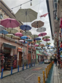 Foto: bolivianische Einkaufsstraße mit Regenschirmen