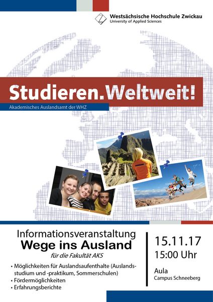 Bild: Plakat. Studieren weltweit. Informationsveranstaltung. Wege ins Ausland.