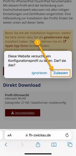 Screenshot - WLAN Konfiguration Apple iOS, Schritt 1