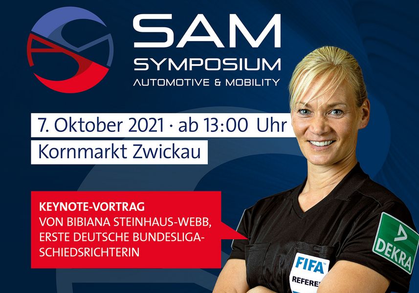 Veranstaltungsplakat, SAM Logo, Schriftzug SAM Symposium Automotive & Mobility, im Vordergrund in die Kamera blickend, KeyNote-Speakerin Bibiana Steinhaus-Webb.