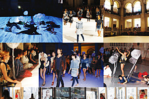 Fotocollage: Auftritt des Studiengangs Modedesign zur Berliner Fashion Week. Modeperformance Sieben Farben Blau: Das Denim-Experiment