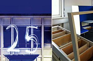 Fotoreihe: 2 Bilder. Zu sehen sind Arbeiten der Studienrichtung Holzgestaltung, Produkt- und Objektdesign mit dem Projekt ü60, aber auch einem Ort des Lernens von Christoph Hübner.