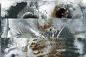 Fotoreihe: Materialästhetisches Experiment mit Eisenpulver und farblosem Wasserlack von Marc Hillig, Bestandteil des "Buffets für die Sinne". Studienrichtung Holzgestaltung ist dabei