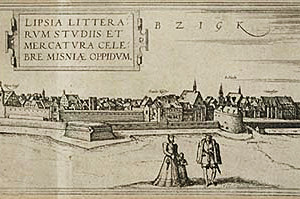 Foto: Leipzig um 1580, Kupferstich. Exkursion in die 1000 Jahre alte (urkundliche Ersterwähnung 1015) und zugleich sehr ‚hippe‘ Stadt Leipzig („Hypzig“).
