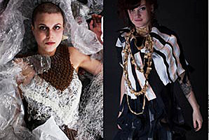 Fotoreihe: 2 Bilder. Schneeberger Modestudenten präsentieren ihr "Upcycling Project". Modenschau zum Sommerfest der Berliner Stadtmission.