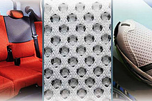 Fotoreihe: 3 Bilder. Textile Gewirke, deren Herstellung und Einsatz. Vortrag von Frau G. Schellner/ Karl Mayer Textilmaschinenfabrik GmbH.