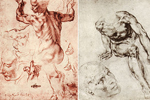 Fotoreihe: 2 Bilder. Vortragsankündigung: Michelangelo als ‚Abkürzer‘.