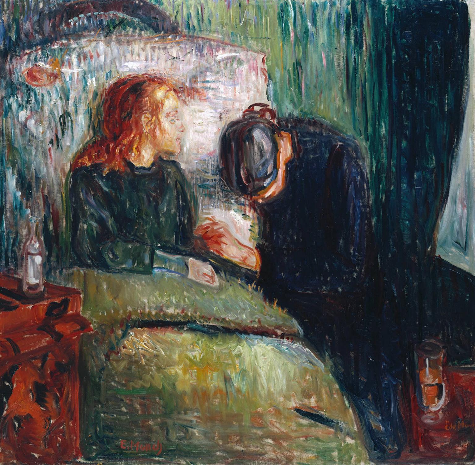Foto: Gemälde. Ein Kind liegt im Bett und eine Frau steht mit gesenkten Kopf daneben und hält die Hand des Kindes.