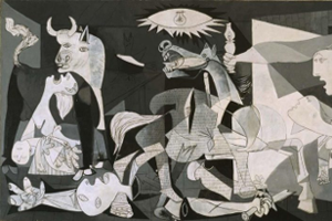 Gemälde zum Vortrag: Picassos Guernica und Dalís Weiche Konstruktion mit gekochten Bohnen - Vorahnung des Bürgerkrieges.