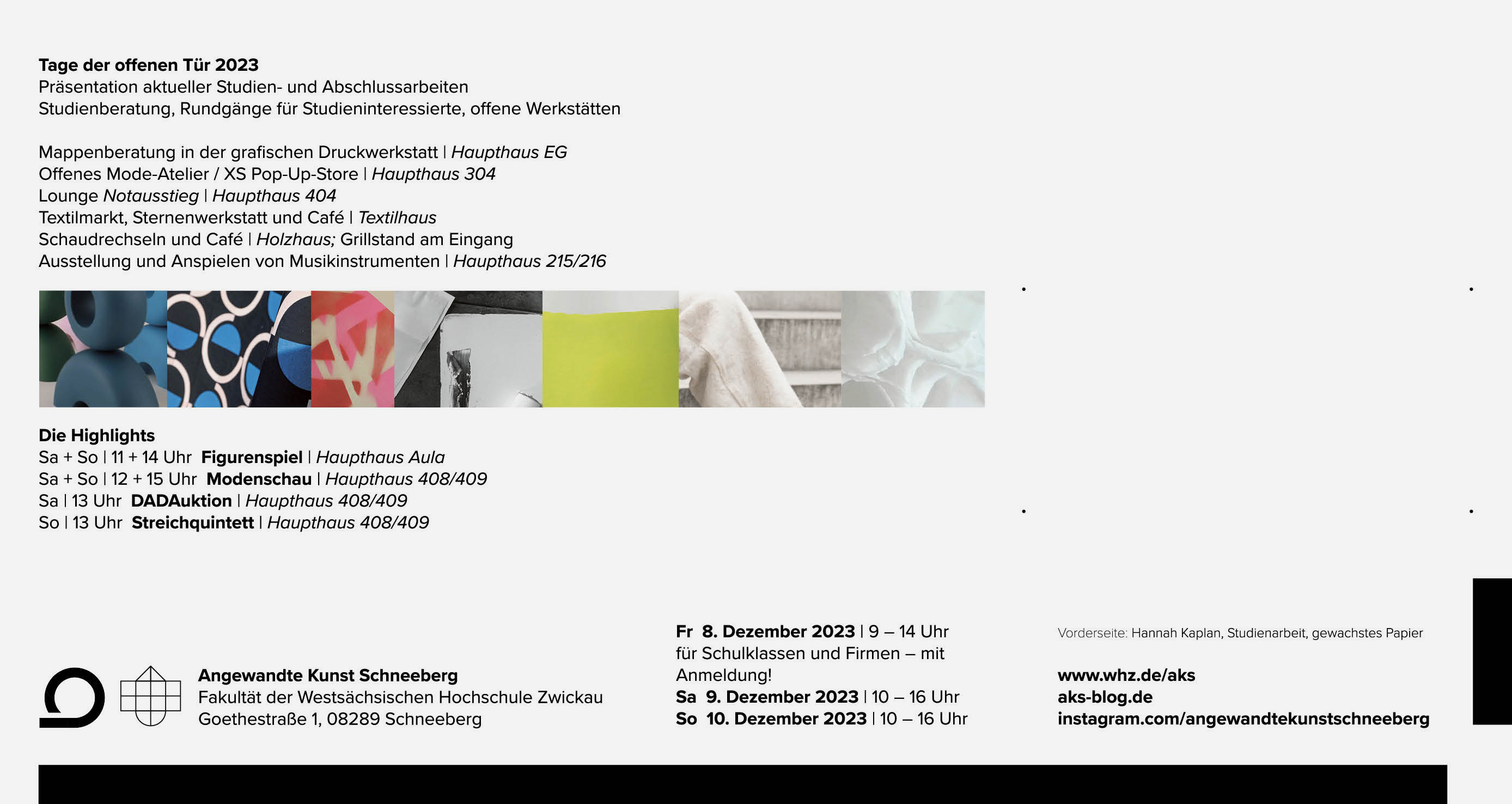 Foto: Programm des Tages der offenen Tür 2023 der Fakultät Angewandte Kunst Schneeberg