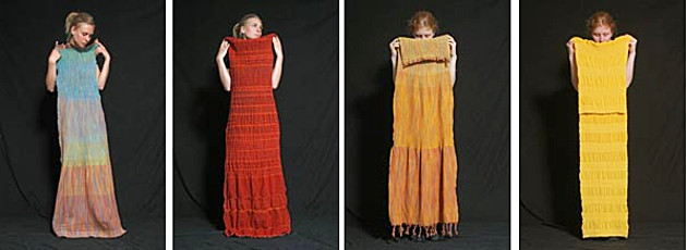 Fotoreihe: Ein Model mit vier unterschiedlichen Kleidern. Lydia Langer - Neue Stoffe – Ein gewebtes Angebot