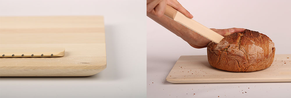Foto: Projekt "Brotbacken", Fachrichtung Holzgestaltung, Schneidebrett und Brotmesser von Carsten Linke, Draufsicht und mit Brotmesser schneidendes Brot
