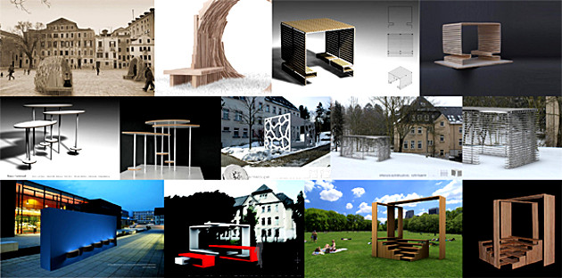 Fotocollage: Projekt "Raucherinsel". Verschiedene Modelle von Raucherinseln. Projekt Holzgestaltung 2013, 3. Semester - Modul AKS 225 - Form und Raum / Präsentation
