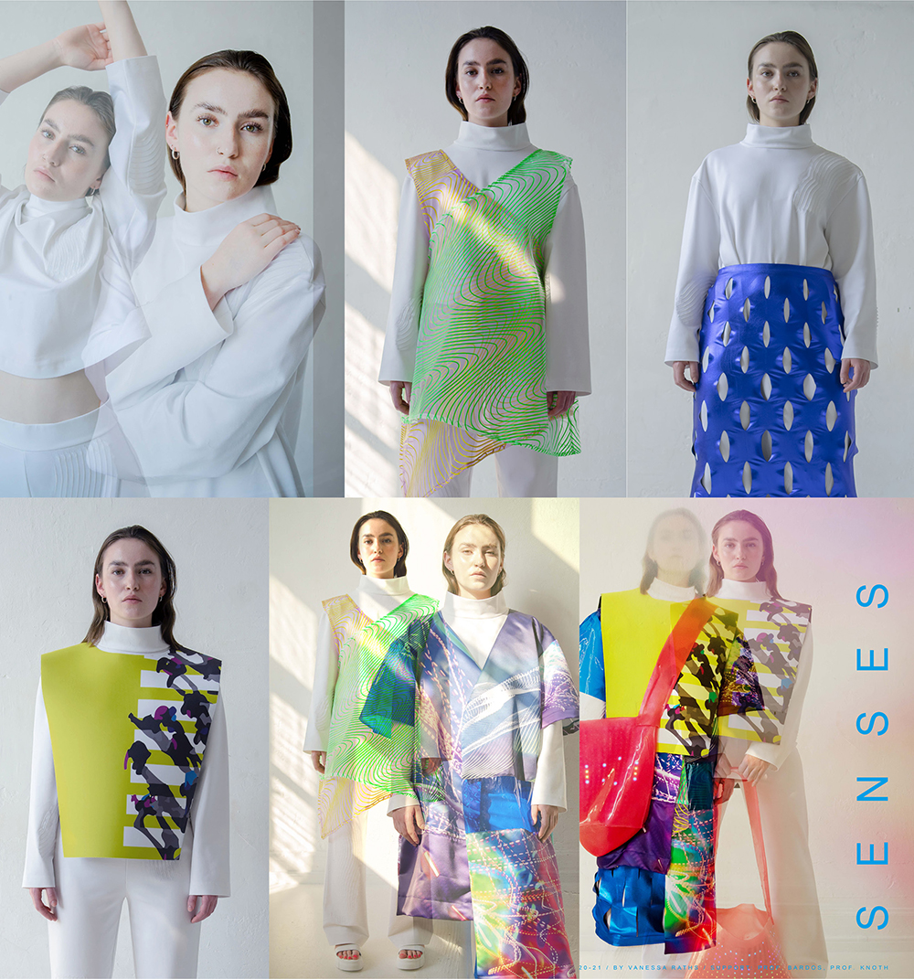 Foto: Bachelor-Abschlussarbeit "Senses" von Vanessa Raths, Fachrichtung Modedesign, 2021, designte Kleidung, verschiedene Ansichten und Models