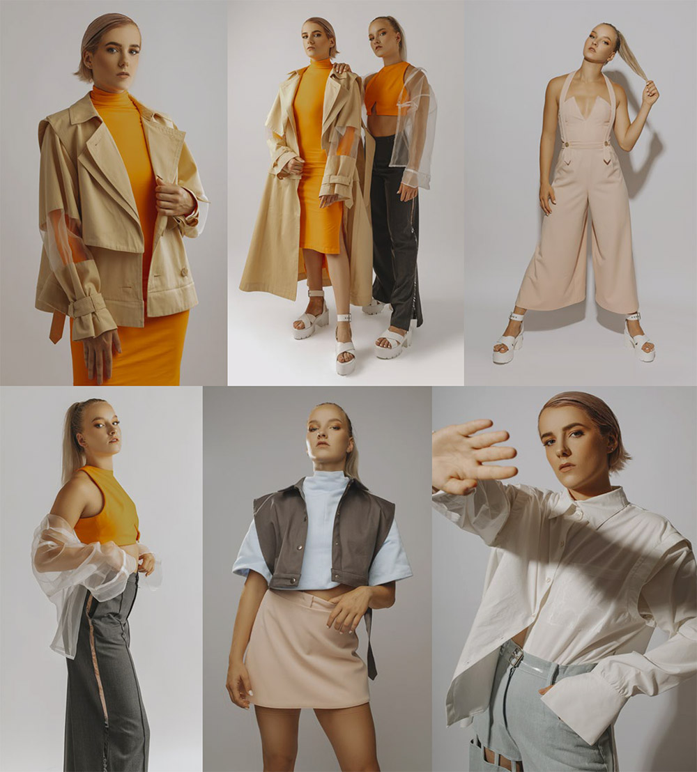 Foto: Bachelor-Abschlussarbeit "urbn cnntcn" von Jessie Fritzsche, Fachrichtung Modedesign, 2022, designte Kleidung, mehrere Modelle und Ansichten