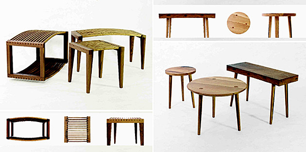 Fotocollage: Lars Dahlitz - Möbel aus Altholz. Verschiedene Tischformen.