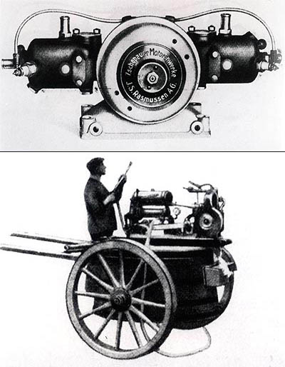 Foto: 2 Bilder. Ein DKW-Motor und Baum- und Hopfenspritze mit DKW-Motor. 