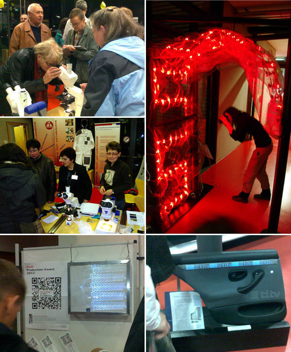 Fotocollage: Besucher, Ausstellungsobjekte und verschiedene Stände zur langen Nacht der Technik.