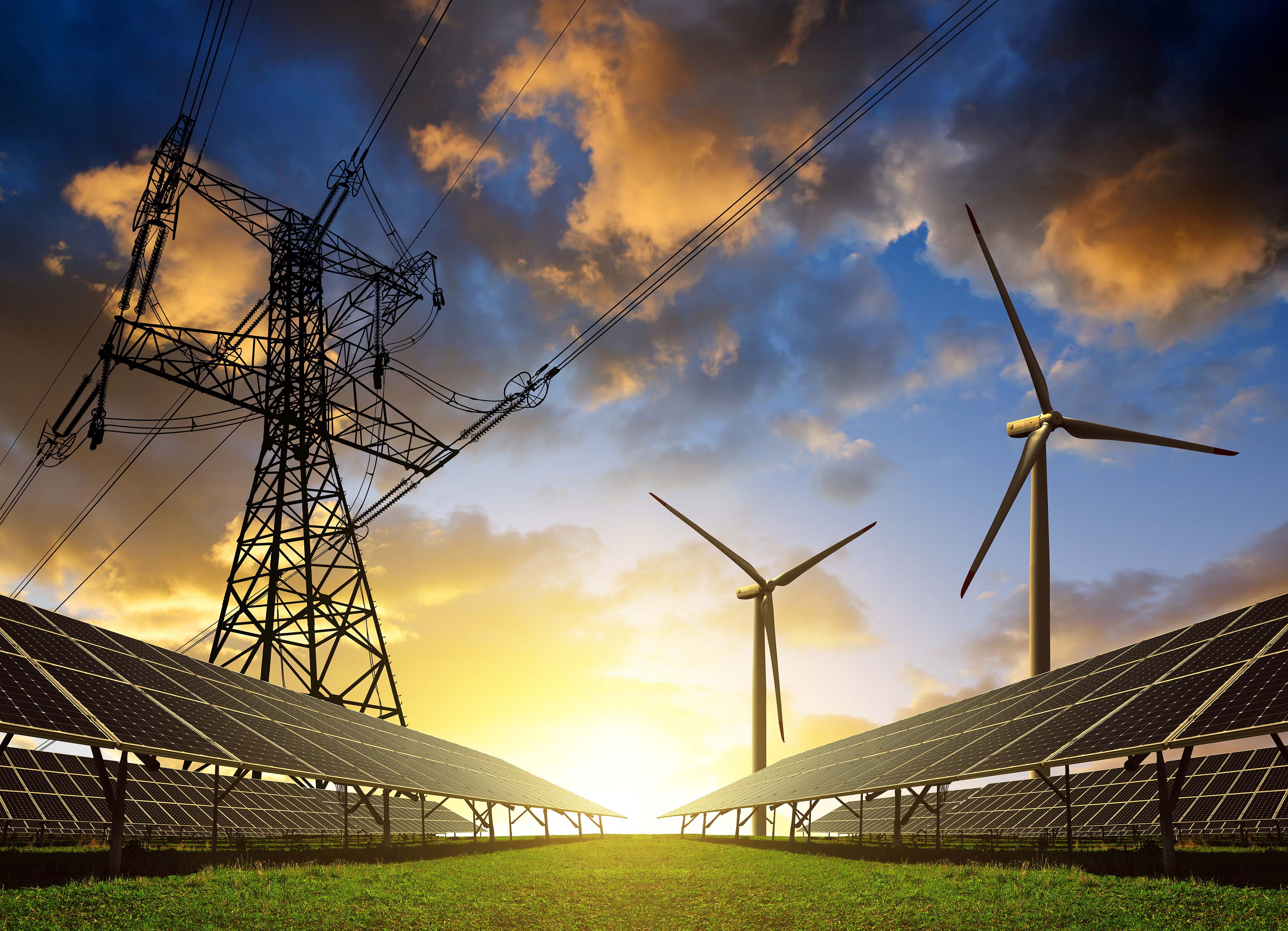 Foto: Sonnenkollektoren mit Windkraftanlagen und Strommast bei Sonnenuntergang. Sauberes Energiekonzept. Quelle: vencav/adobestock