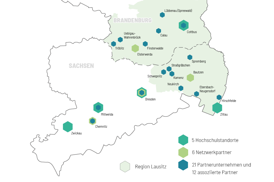 Abbildung: Karte von Sachsen und einem Teil von Brandenburg mit eingezeichneter Region Lausitz und Projektpartnern