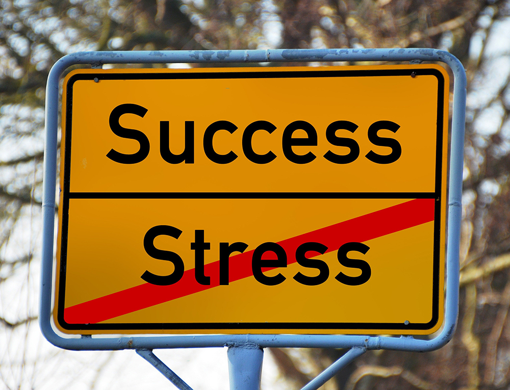 Foto: Ein Ortseingangsschild mit den Begriffen "Success" und durchgestrichen "Stress".