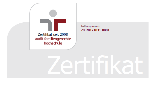 Dokumentenkopf Zertifikat: Das Logo des Zertifikats audit familiengerechte Hochschule und die Überschrift "Zertifikat" sind zu sehen.