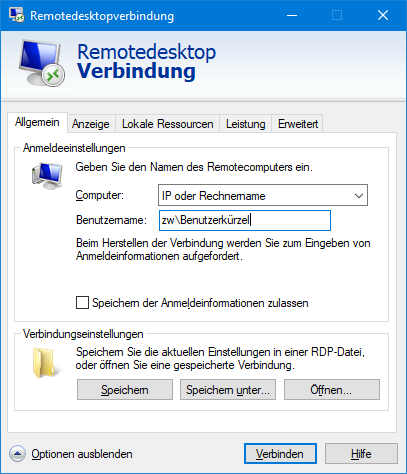 Screenshot: Anleitung. Remote Desktop Verbindung unter Windows konfigurieren.