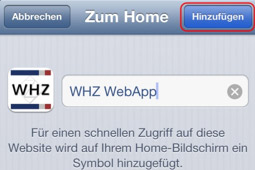 Bild 2 welches das einstellen eines Schnellzugriffes der WebApp für iOS Systeme zeigt