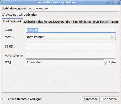Bild welches die Konfiguration von Eduroam in Linux zeigt.