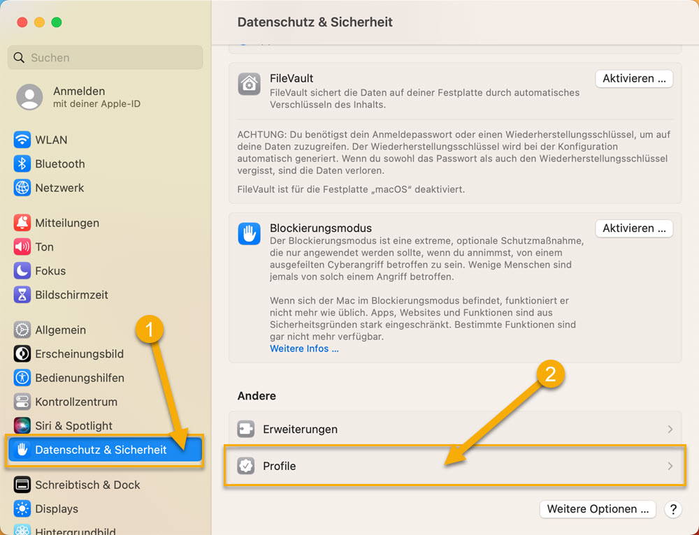 Screenshot - WLAN Konfiguration Apple macOS, Schritt 1 und 2