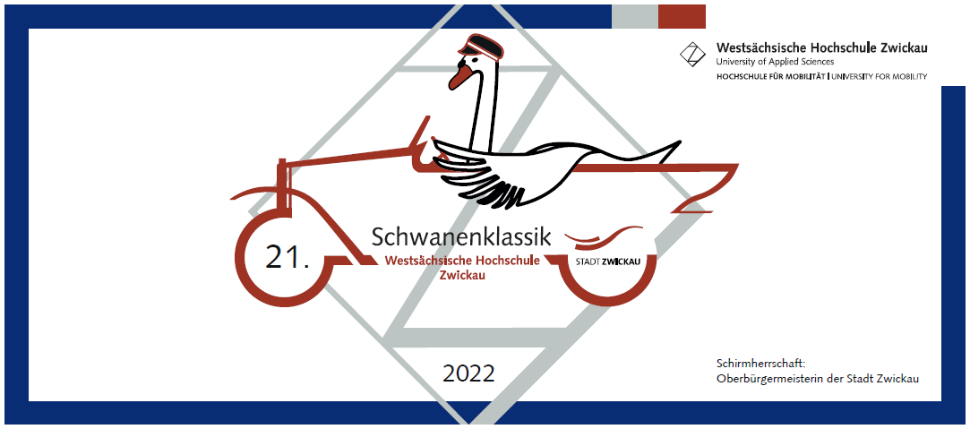 zu sehen ist das Logo der Schwanenklassik, ein skizzierter Schwan, der in einem Oldtimer sitzt vor dem WHZ-Logo