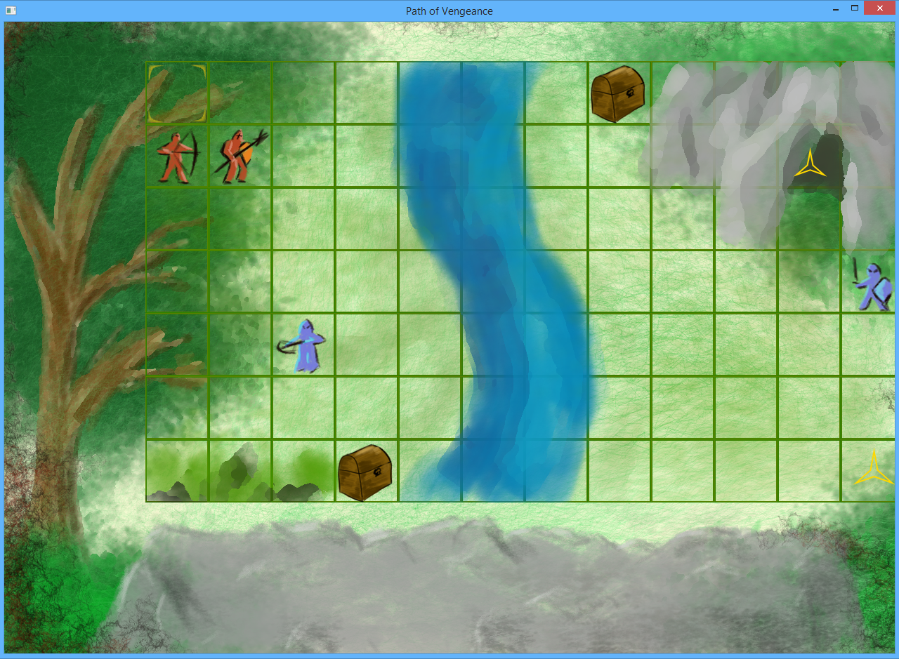  Bild: Grafische Darstellung in einem Computerspiel mit Viereckmuster und Objekten.