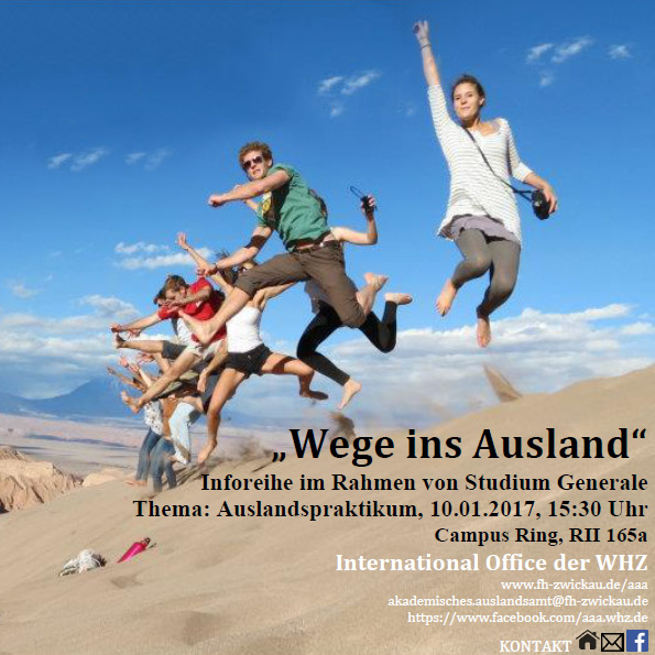 Bild: Flyer zum Thema Auslandspraktikum. Eine Gruppe Studierende springt auf einer Düne gleichzeitig in die Luft.