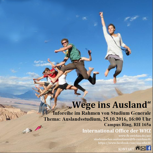 Bild: Flyer zum Thema Auslandsstudium. Eine Gruppe Studierende springt auf einer Düne gleichzeitig in die Luft.